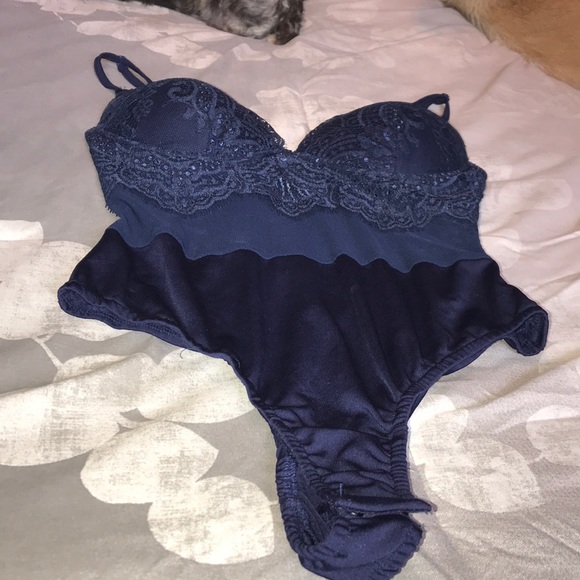 Navy Blue Lace Mesh Bodysuit - Picture 2 of 4